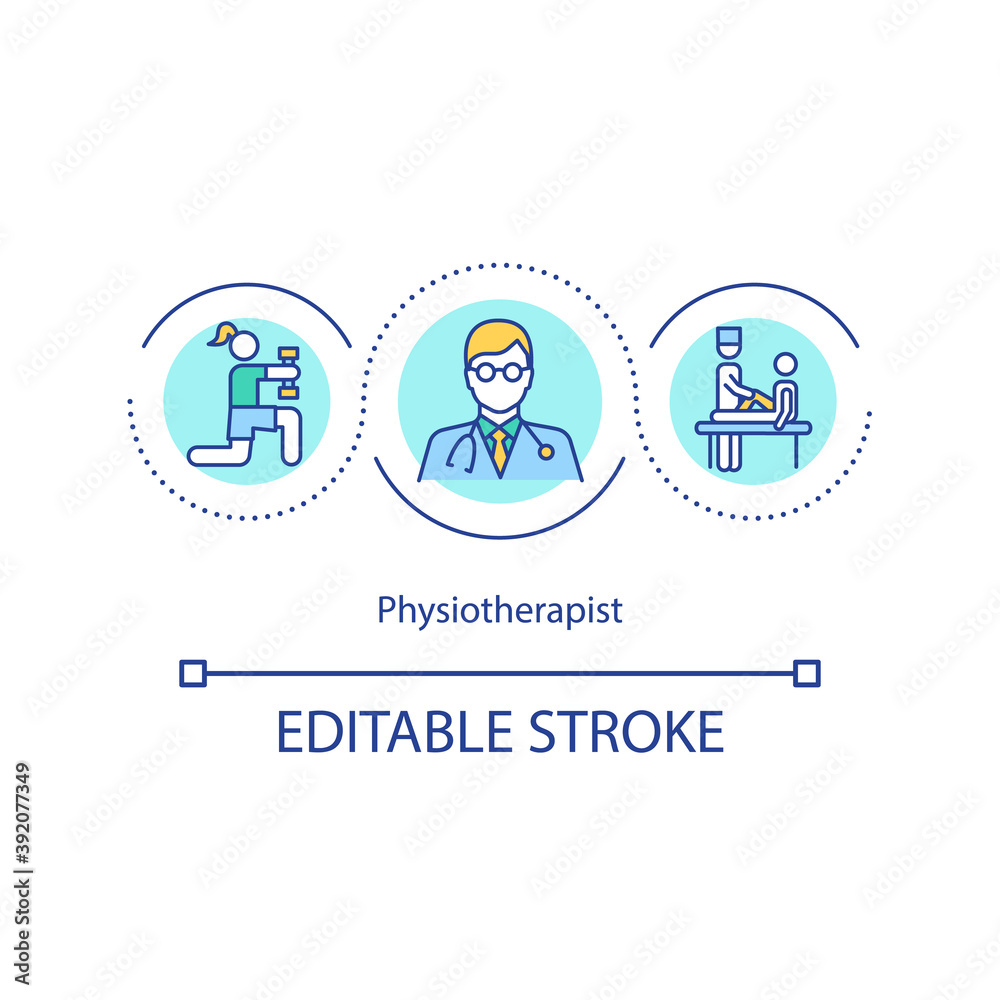 Physiotherapist concept icon. Health care professional idea thin line illustration. Manual therapy. Rehabilitation. Sports medicine. Vector isolated outline RGB color drawing. Editable stroke Physiotherapist concept icon. Health care professional idea thin line illustration. Manual therapy. Rehabilitation. Sports medicine. Vector isolated outline RGB color drawing. Editable stroke