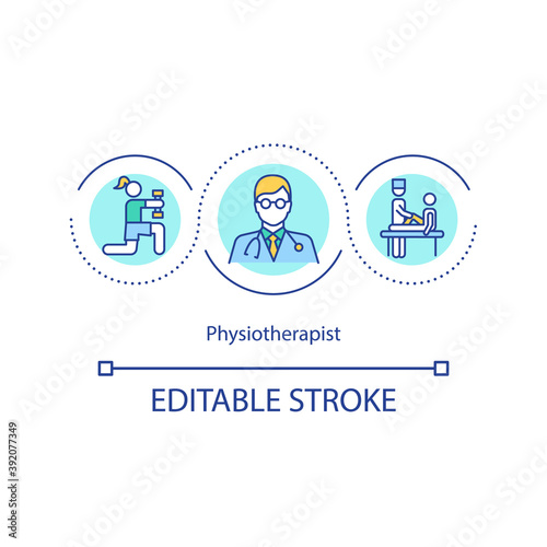 Physiotherapist concept icon. Health care professional idea thin line illustration. Manual therapy. Rehabilitation. Sports medicine. Vector isolated outline RGB color drawing. Editable stroke