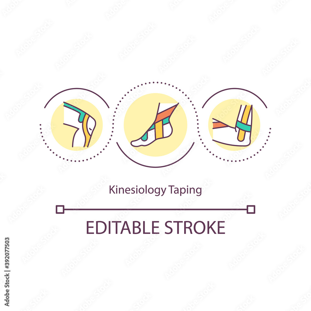 Kinesiology taping concept icon. Rehabilitative technique idea thin line illustration. Protective mechanism. Pain relieving. Vector isolated outline RGB color drawing. Editable stroke