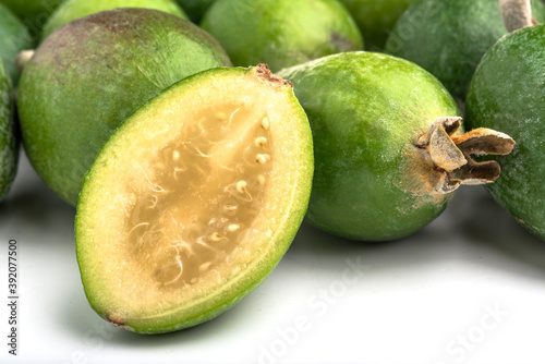 Tropical fruit feijoa (Acca sellowiana), isolated on a white background. Organic food. Organic food stock photo. Food stock photo.