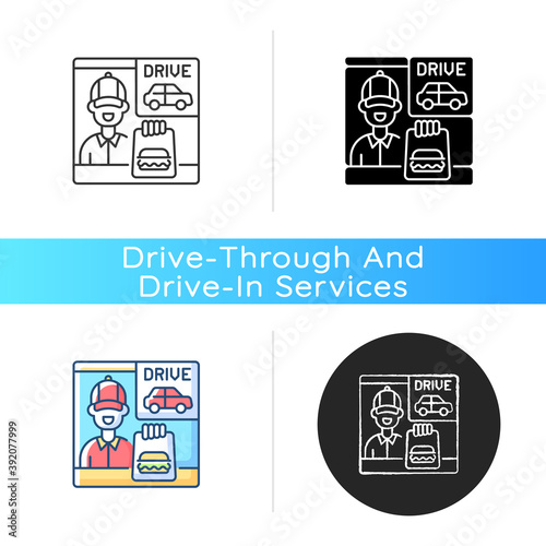 Drive through window icon. Fast food takeaway order. Restaurant employee. Burger takeout for customer. Express delivery service. Linear black and RGB color styles. Isolated vector illustrations