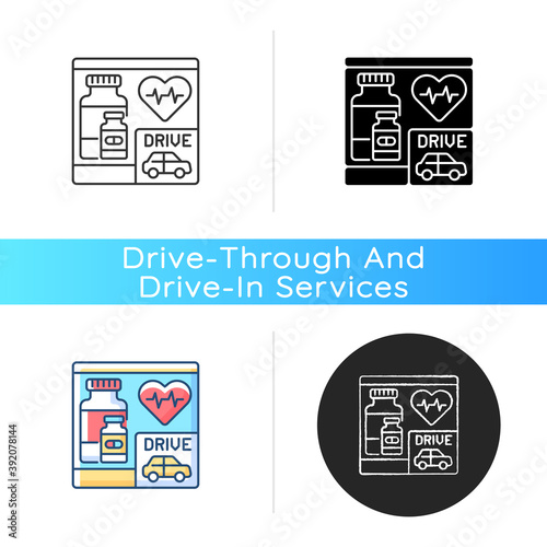 Drive through pharmacy icon. Express drugstore. Health care service. Medication store with transport lane. Car near medical shop. Linear black and RGB color styles. Isolated vector illustrations