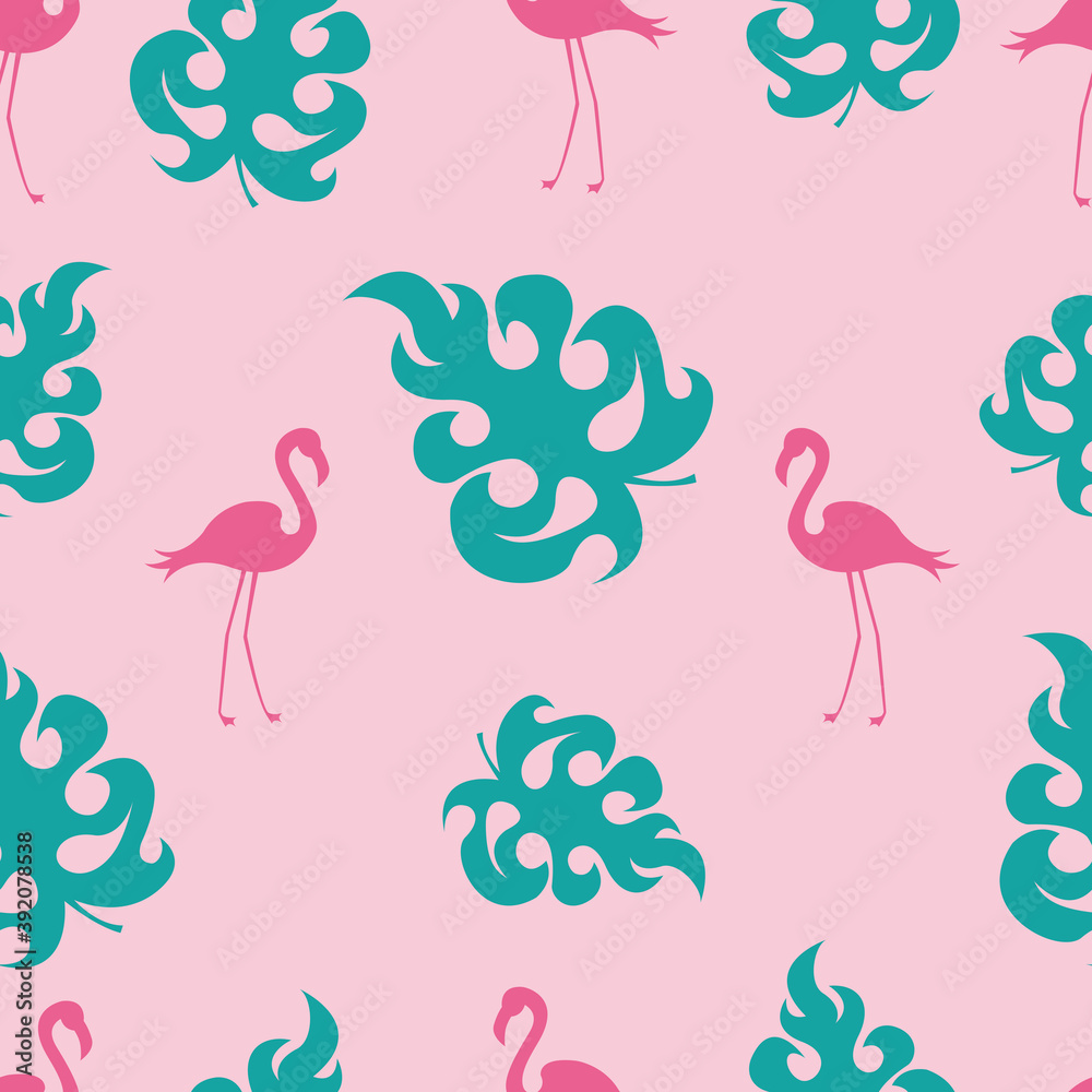 Seamless pattern of bright pink flamingos and tropical leaves on a pink background. Vector illustration for festive design, packaging, wallpaper, fabric, textile, stationery, accessories. Seamless pattern of bright pink flamingos and tropical leaves on a pink background. Vector illustration for festive design, packaging, wallpaper, fabric, textile, stationery, accessories.