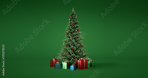 Banner with christmas tree and gifts with green background.
