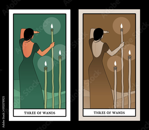 Three of wands. Tarot cards. Woman on her back, looking away, in the sea with three torches on sticks