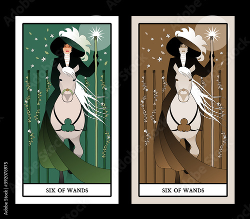 Six of wands. Tarot cards. Elegant lady on horseback, holding a wand with a luminous star and flanked by five wands surrounded by flowers and leaves