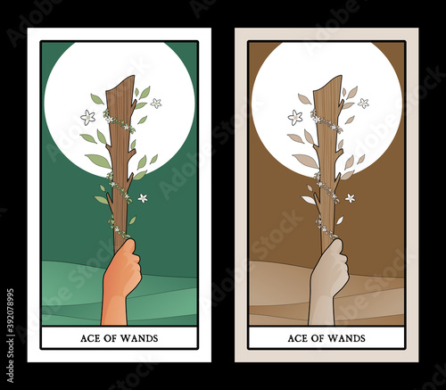 Aces of Tarot Cards. Wands. Hand holding a rod surrounded by leaves and flowers on sun and green field in the background