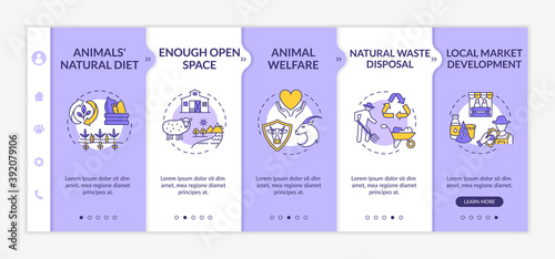Ethical farm production onboarding vector template. Animal welfare. Sustainable development. Responsive mobile website with icons. Webpage walkthrough step screens. RGB color concept