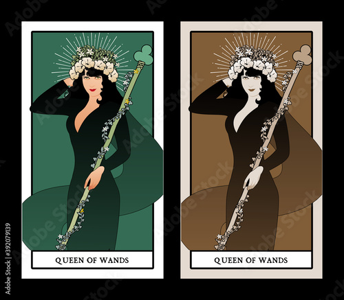 Queen of Wands with flowers crown, holding a rod surrounded by a garland of leaves and flowers. Minor arcana Tarot cards. Spanish playing cards