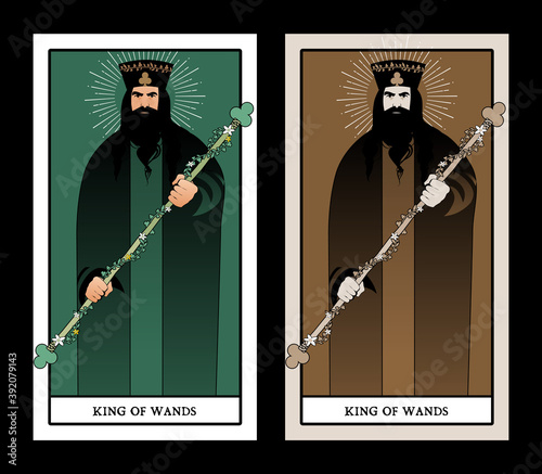 King of Wands with crown and symbolic trefoil, holding a rod surrounded by a garland of leaves and flowers. Minor arcana Tarot cards. Spanish playing cards