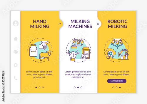 Cow milking process onboarding vector template. Automated equipment. Factory manufacture. Dairy industry. Responsive mobile website with icons. Webpage walkthrough step screens. RGB color concept