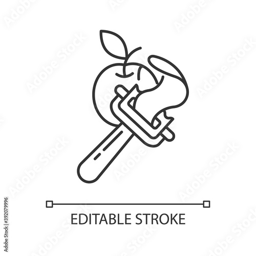 Vegetable peeler linear icon. Stainless instrument for serving food. Cooking utensil. Peel apple. Thin line customizable illustration. Contour symbol. Vector isolated outline drawing. Editable stroke