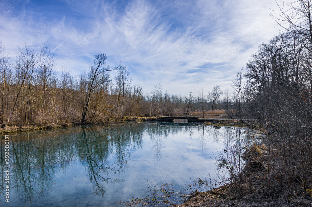 Natural Riverscape - Natural river landscape along the Braunsel, the shortest tributary of the Danube, Rechtenstein, Baden-Wurttemberg, Germany.