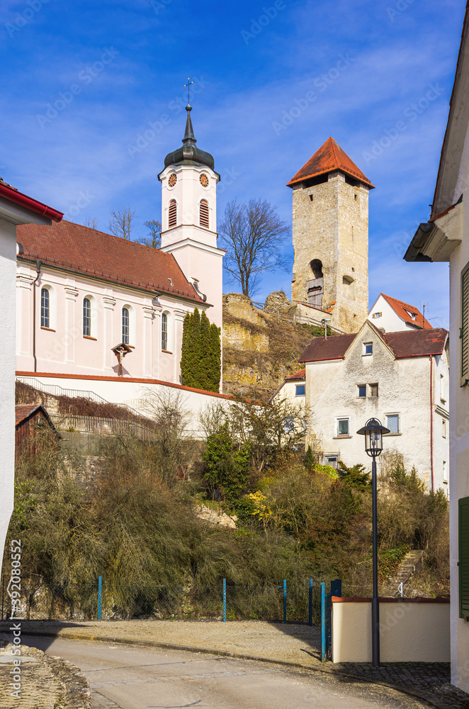 Village Church And Medieval Castle - Church and castle ruins, Rechtenstein on the Danube, Baden-Württemberg, Germany.
