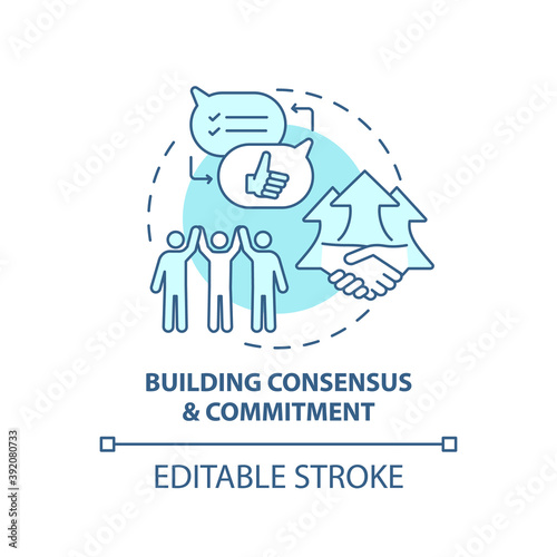 Building consensus and commitment concept icon. Business consulting stage idea thin line illustration. Strengthening inter-personnel trust. Vector isolated outline RGB color drawing. Editable stroke