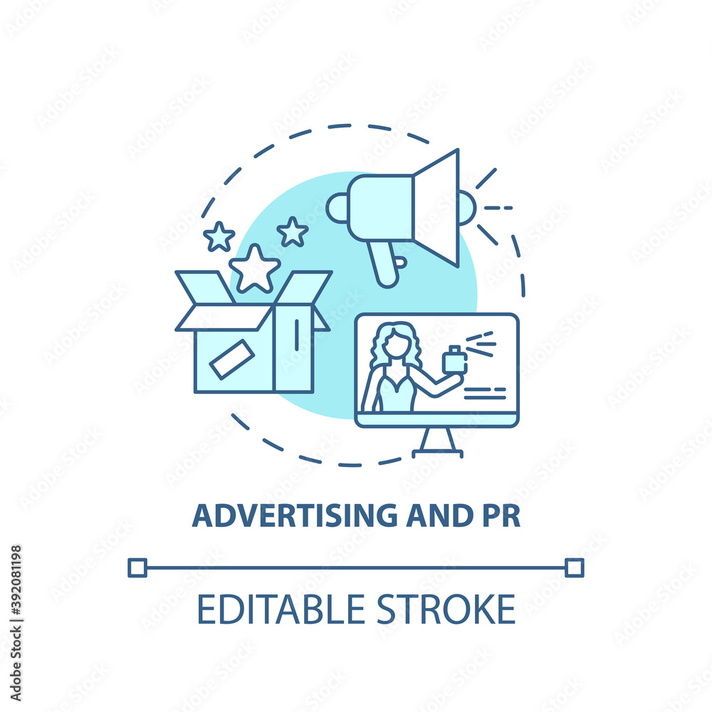 Advertising and PR concept icon. Top business consulting service idea thin line illustration. Brand building. Products, services promotion. Vector isolated outline RGB color drawing. Editable stroke Advertising and PR concept icon. Top business consulting service idea thin line illustration. Brand building. Products, services promotion. Vector isolated outline RGB color drawing. Editable stroke