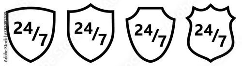 24/7 icon in shield shape, different versions. Nonstop protection concept      or all time security