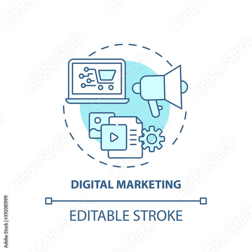 Digital marketing concept icon. Digital consulting component idea thin line illustration. Social media, search engines, websites. Vector isolated outline RGB color drawing. Editable stroke