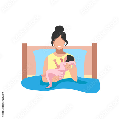 Mom with a baby in her arms after childbirth. The joy of motherhood. Thanks to the doctors and nurses. Vector illustration background.