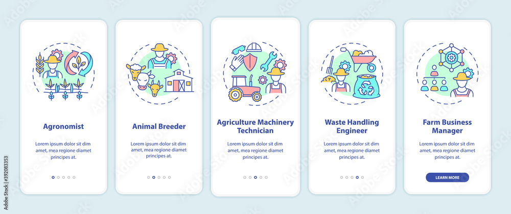 Top agriculture careers onboarding mobile app page screen with concepts. Animal farming breeder walkthrough 5 steps graphic instructions. UI vector template with RGB color illustrations