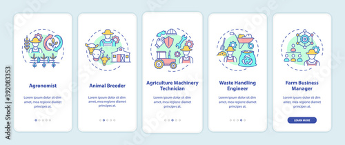 Top agriculture careers onboarding mobile app page screen with concepts. Animal farming breeder walkthrough 5 steps graphic instructions. UI vector template with RGB color illustrations