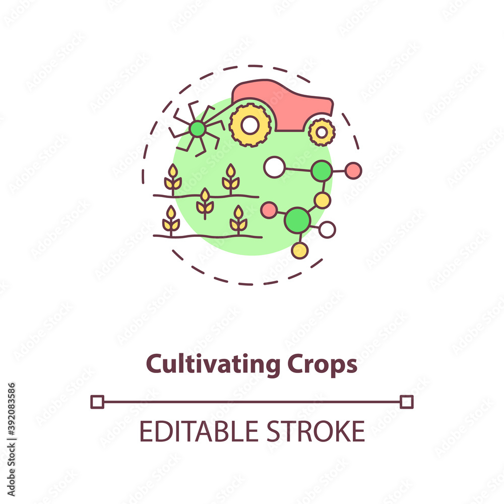 Cultivating crops concept icon. Agriculture machines tasks. Caring for or raising plants. Farming activities idea thin line illustration. Vector isolated outline RGB color drawing. Editable stroke