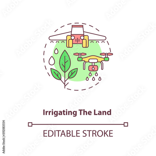 Irrigating the land concept icon. Agriculture machines tasks. Applying controlled amounts of water to plants idea thin line illustration. Vector isolated outline RGB color drawing. Editable stroke