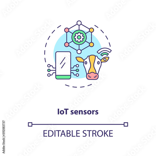 IoT sensors concept icon. Innovative agriculture technology. Animal detectors which measure different things idea thin line illustration. Vector isolated outline RGB color drawing. Editable stroke