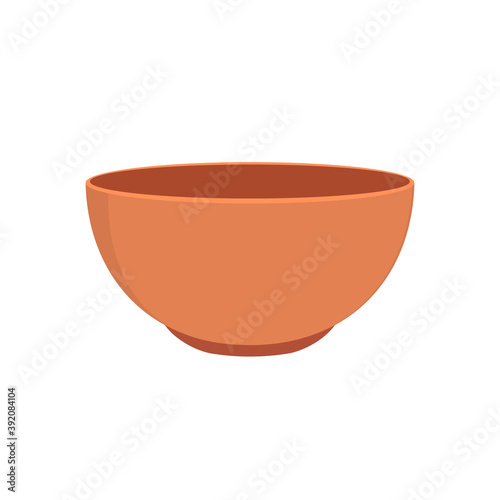 Empty clay bowl isolated on white background. Example of pottery. Ceramic kitchen dishware. Vector illustration.