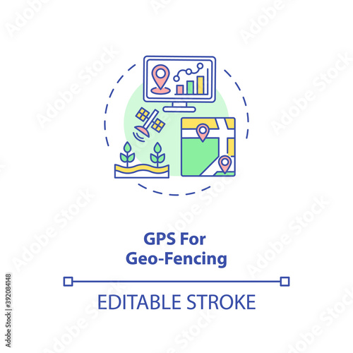 GPS for geo fencing concept icon. Information technology in agriculture. Virtual farm fields map device idea thin line illustration. Vector isolated outline RGB color drawing. Editable stroke