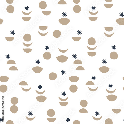 Seamless pattern with stars and the Moon. Vector illustration for a minimalistic design. Modern elegant background.Finnish drawing.