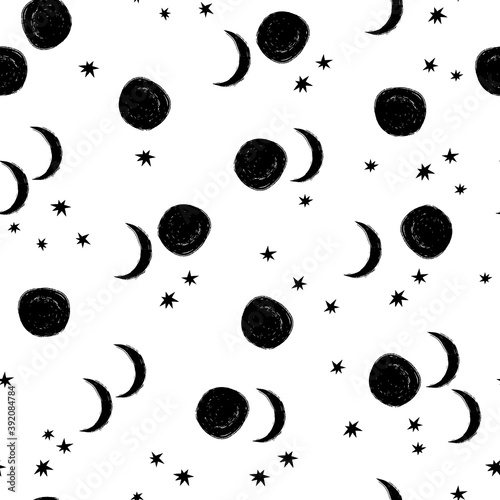 Seamless pattern with stars and the Moon. Vector illustration for a minimalistic design. Modern elegant background.Finnish drawing.