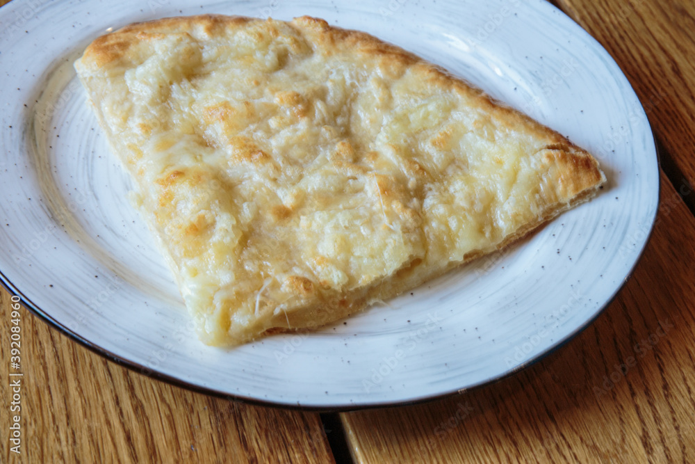 Large piece of pizza with cheese. Hot tortilla with cheese, Khachapuri, Caucasian kitchen.