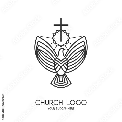 Church logo. Christian symbols. The Cross of Jesus Christ and the Symbol of the Holy Spirit is a dove. The crown of thorns is a symbol of suffering.