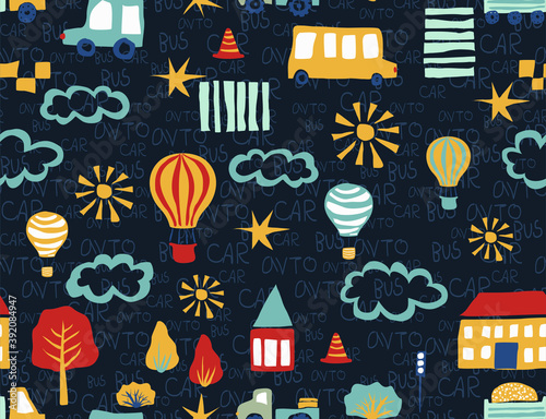 Tileable vector background for boys and children. Seamless pattern with cars, balloons and buildings. City illustration in cartoon style. Hand drawn pattern