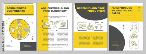 Agribusiness brochure template. Farming machinery. Produce marketing. Flyer, booklet, leaflet print, cover design with linear icons. Vector layouts for magazines, annual reports, advertising posters