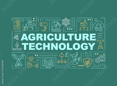 Agriculture machinery word concepts banner. Modern farming techniques. Infographics with linear icons on dark green background. Isolated typography. Vector outline RGB color illustration