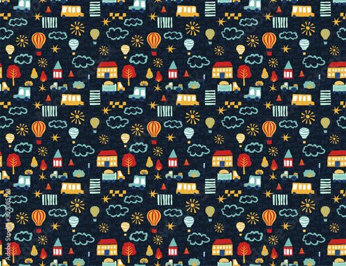 Tileable vector background for boys and children. Seamless pattern with cars, balloons and buildings. City illustration in cartoon style. Hand drawn pattern