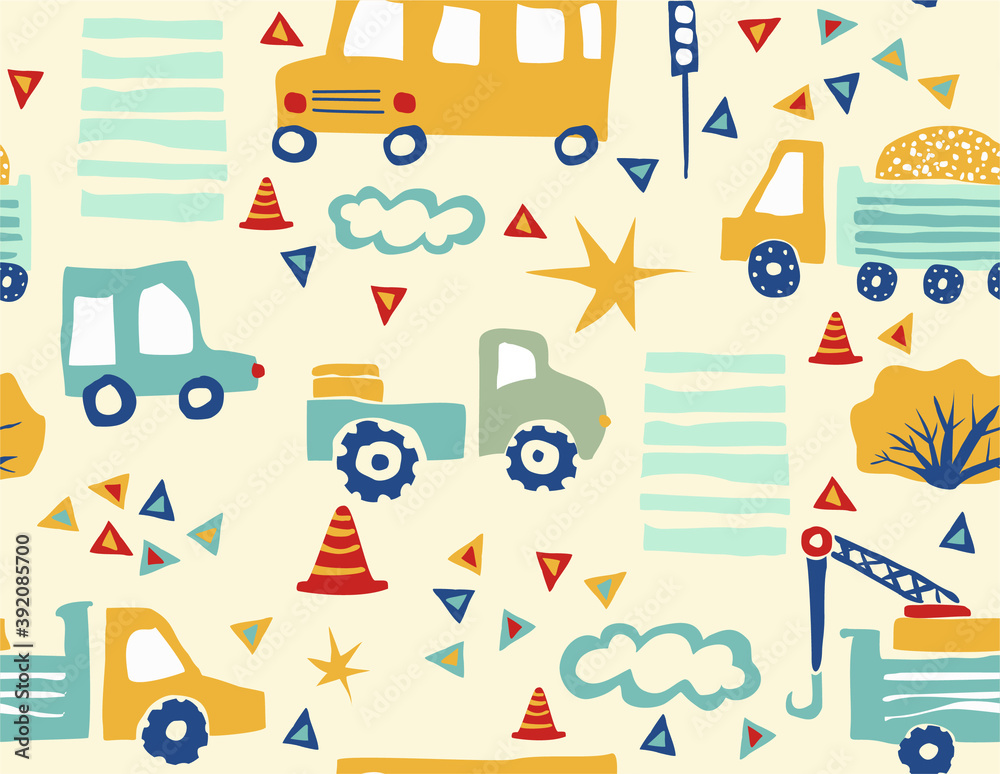 Tileable vector background for boys and children. Seamless pattern with cars, balloons and buildings. City illustration in cartoon style. Hand drawn pattern Tileable vector background for boys and children. Seamless pattern with cars, balloons and buildings. City illustration in cartoon style. Hand drawn pattern