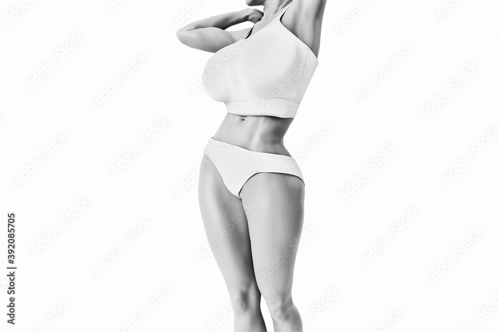 Beautiful busty slim woman in sports bra black and white Stock Photo |  Adobe Stock