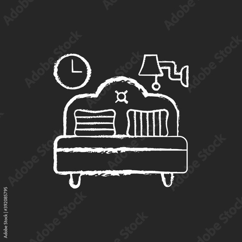 Bedroom furniture chalk white icon on black background. Bedding. Home furnishings. Bed and mattress. Interior design. Balanced artificial lighting. Isolated vector chalkboard illustration