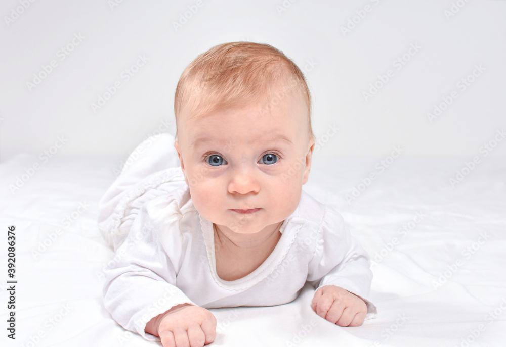 Adorable caucasian baby 3(three) months, blue-eyed, blond, lying on stomack on a white blanket, looking at camera. Newborn concept. Adorable caucasian baby 3(three) months, blue-eyed, blond, lying on stomack on a white blanket, looking at camera. Newborn concept.