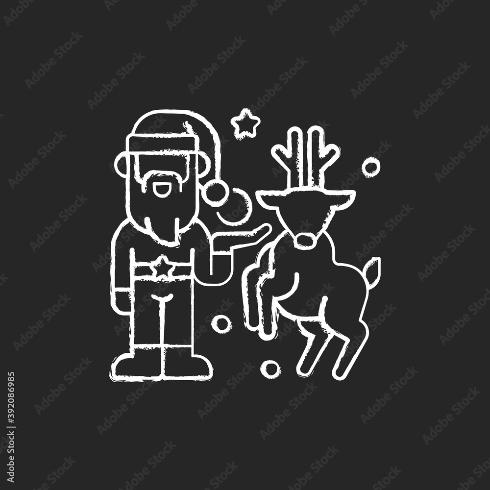 Christmas decor chalk white icon on black background. Artificial tree decorations. Santa Claus and reindeer. Wreaths, garlands, candles. December 25. Isolated vector chalkboard illustration