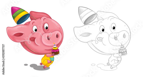 cartoon happy scene with sketch with pig having fun - illustration