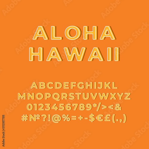 Aloha hawaii vintage 3d vector alphabet set. Retro bold font, typeface. Pop art stylized lettering. Old school style letters, numbers, symbols pack. 90s, 80s creative typeset design template
