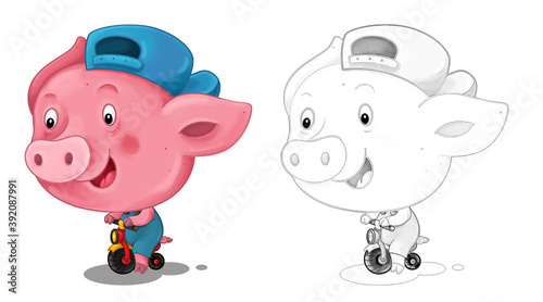 Fototapeta Naklejka Na Ścianę i Meble -  cartoon happy scene with sketch with pig having fun - illustration