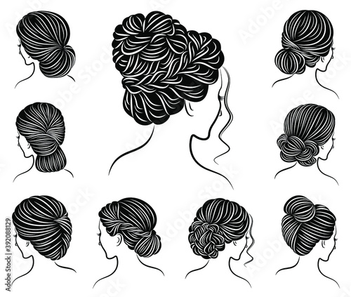 Collection. Silhouette of the head of a lovely lady. The girl demonstrates her pech hairstyle for long and medium hair. Suitable for logo, advertising. Vector illustration set.