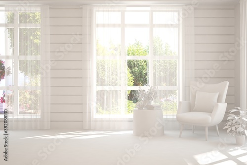 White living room with armchair and green landscape in window. Scandinavian interior design. 3D illustration © AntonSh