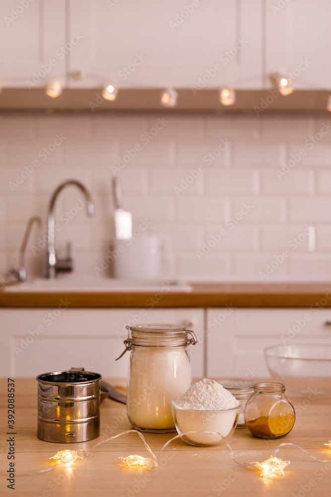 Ingredients for traditional apple pie: apples, eggs, butter, sugar, cinnamon and flour. New Year's Eve concept