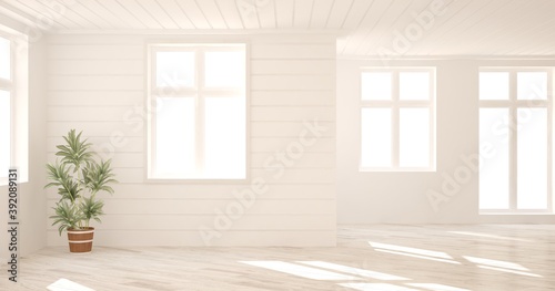 Panoramic white empty room. Scandinavian interior design. 3D illustration